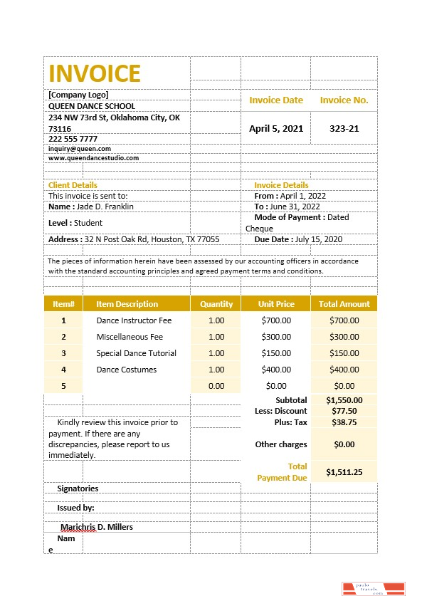 Dance School Invoice Template PSD template